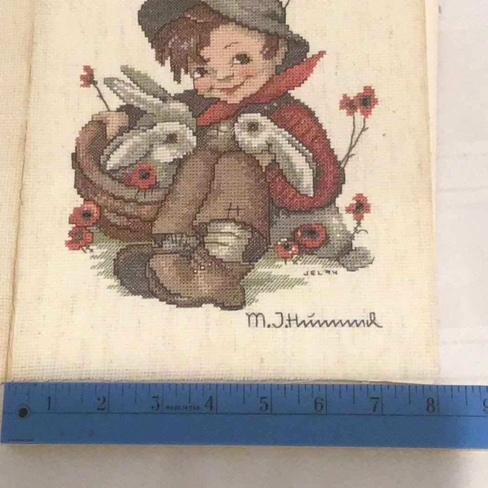 Vintage M.I. Hummel Style Cross-Stitch Wall Art Pair - Red & Cream no frame